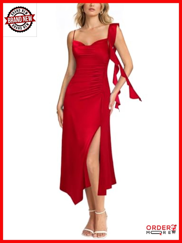 Womens Cowl Neck Ruffle Spaghetti Strap Midi Dress Ruched Slit Formal Cocktail